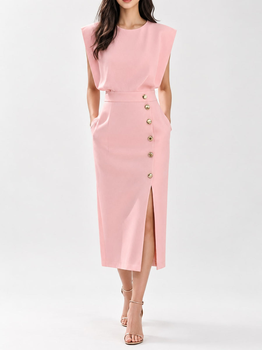 Sleeveless Midi Bodycon Dress With Gold Buttons in black with side slit