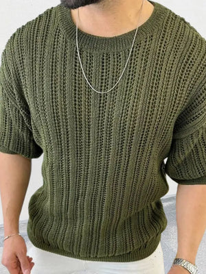 Open-knit boxy crew neck sweater in Army Green acrylic with short sleeves.
