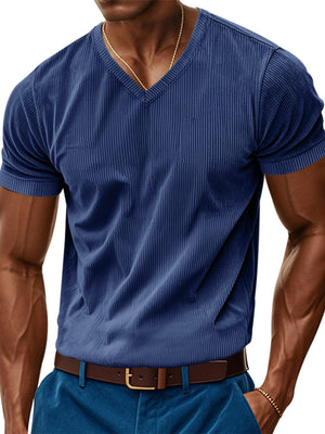Men's denim blue ribbed V-neck t-shirt with short sleeves.