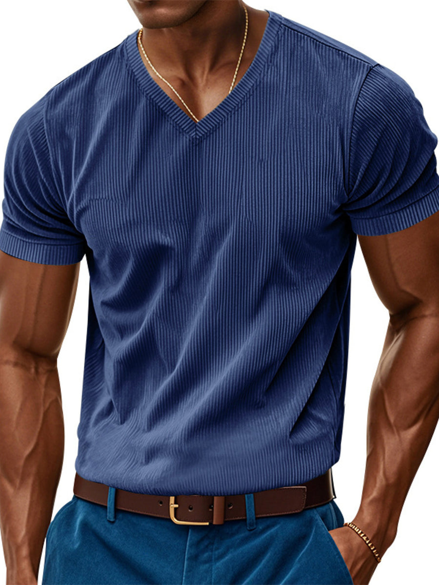 Men's denim blue ribbed V-neck t-shirt with short sleeves.