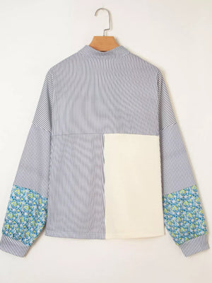 Floral Striped Drop Sleeve Collared Sweatshirt in Cream, view 12