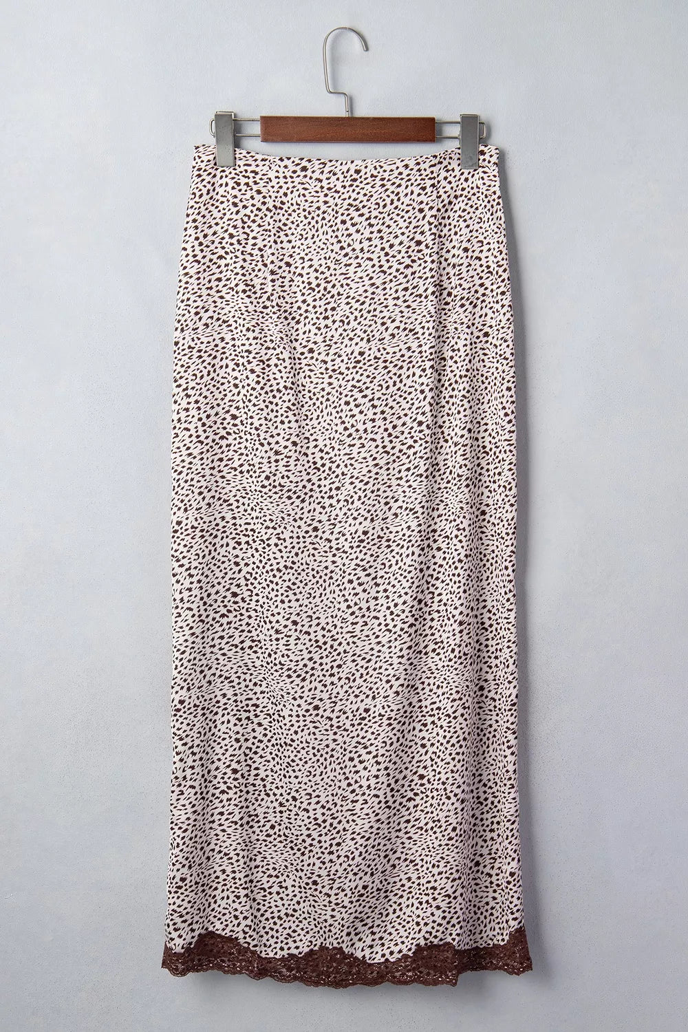 maxi skirt in dark brown with leopard-print and lace detail
