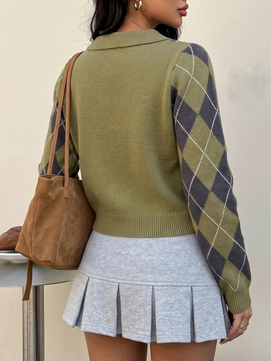pullover sweater in charcoal gray with argyle and buttoned
