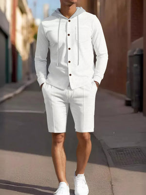 Men's Casual Hooded Button-up Shirt And Shorts Set in Blue