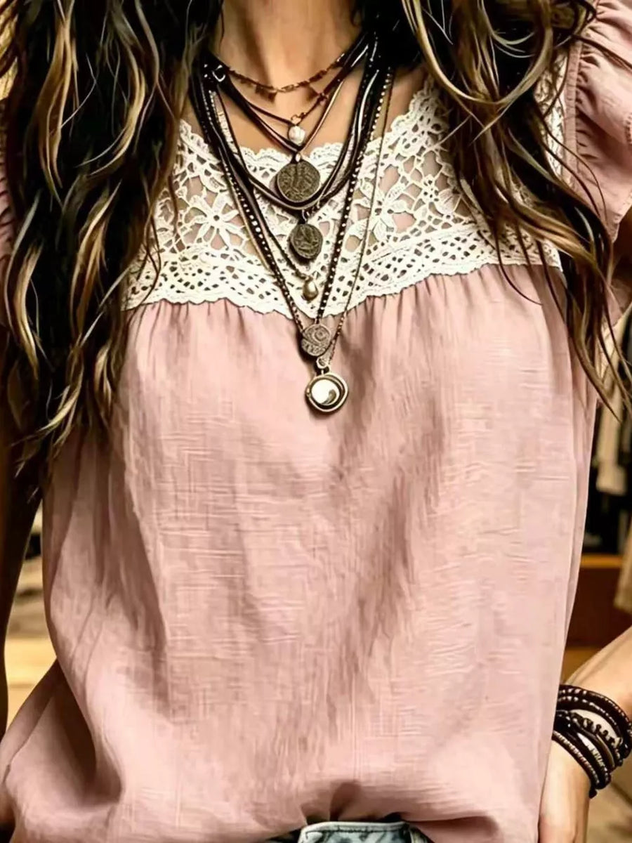Lace Trim Ruffle Sleeve Blouse Plus Size in Green