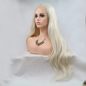 Blond lace front wig with long wavy hair styled on a mannequin bust.