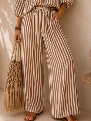 Red Striped Puff Sleeve Shirt And Wide-leg Pants Set