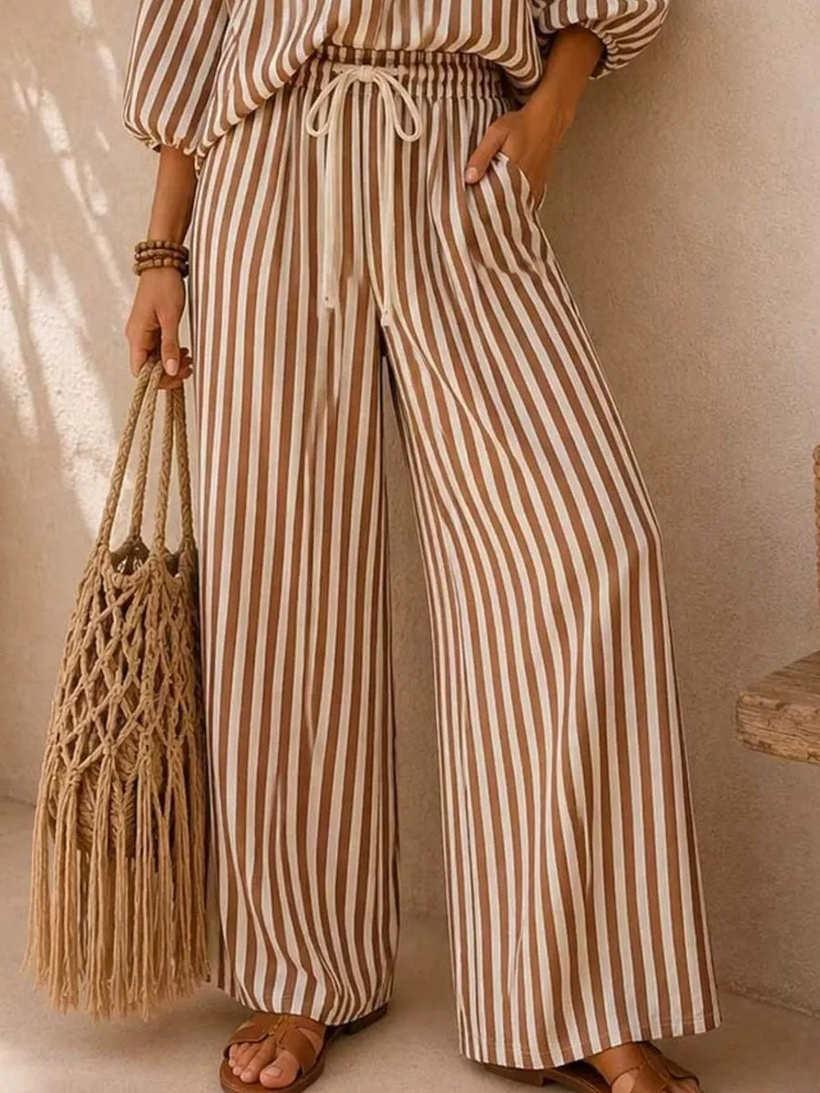 Red Striped Puff Sleeve Shirt And Wide-leg Pants Set
