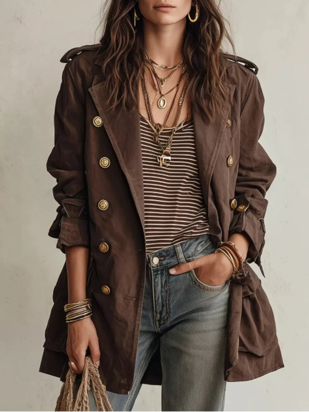 trench coat in chocolate brown featuring double-breasted and relaxed fit