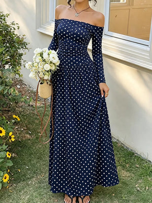 Off-the-shoulder Maxi Dress in Black Polka Dots