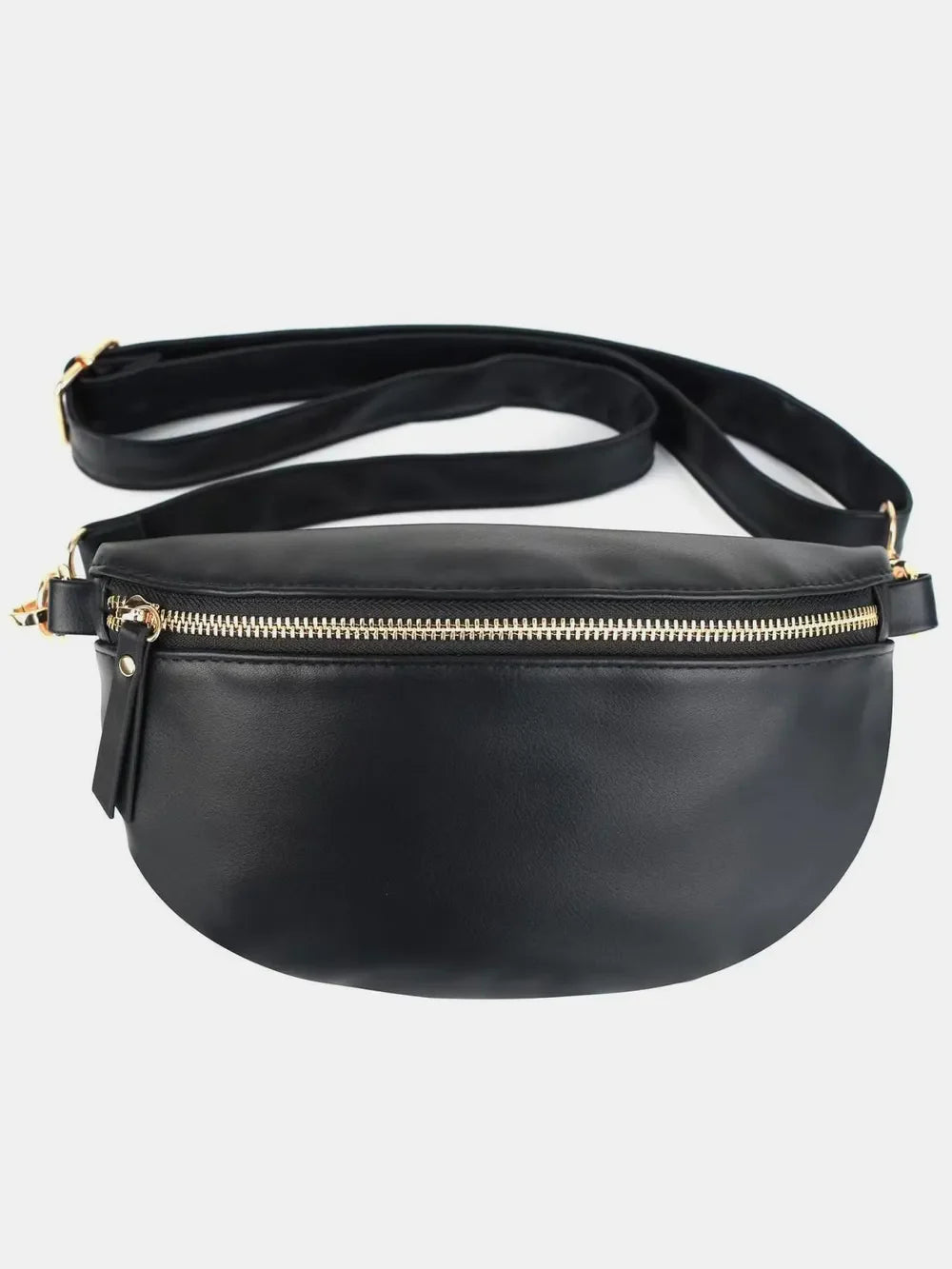 Black faux leather curved zip belt bag with gold hardware and adjustable strap