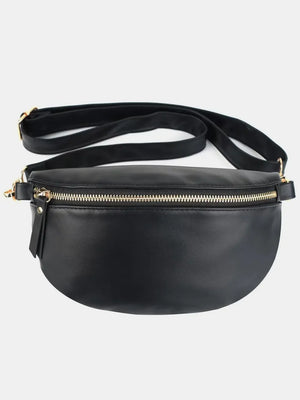 Black faux leather curved zip belt bag with gold hardware and adjustable strap