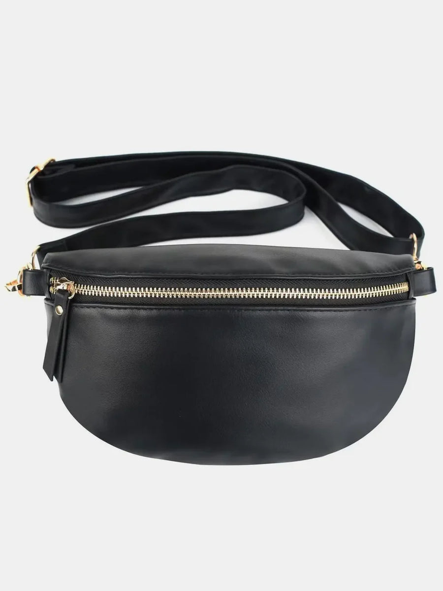 Black faux leather curved zip belt bag with gold hardware and adjustable strap