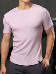 Sculpted ribbed crewneck tee for him in blush pink with short sleeves.
