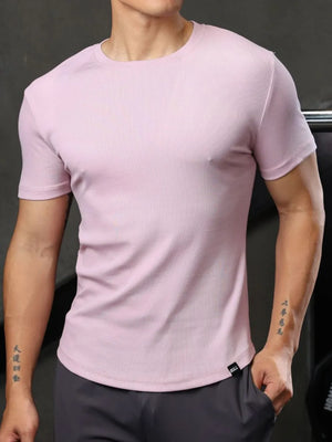 Sculpted ribbed crewneck tee for him in blush pink with short sleeves.