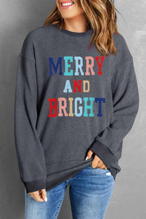 Dark Gray ribbed sweatshirt with "Merry and Bright" embroidered text in colorful letters.