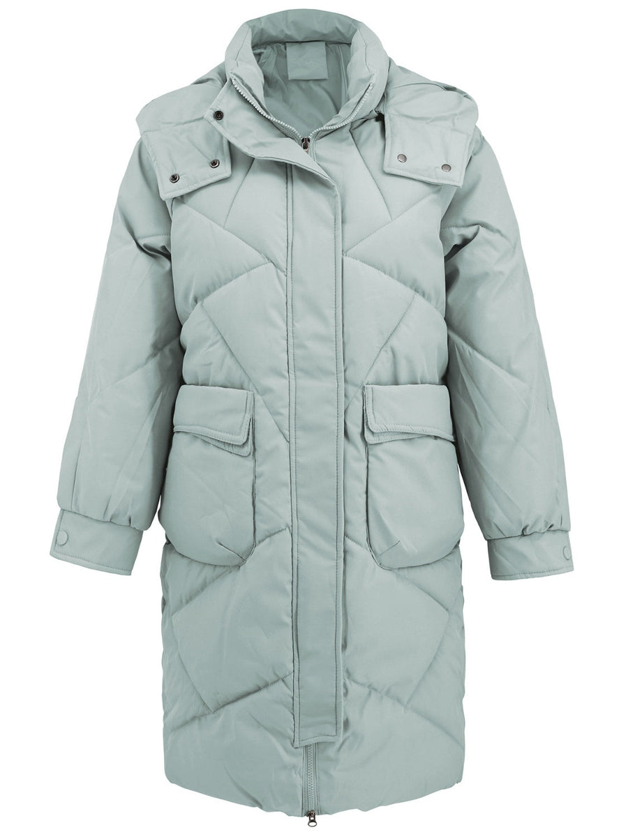 Sage diamond quilted hooded puffer coat with snap-flap pockets and a zip front.
