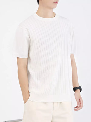 Men's white ribbed knit t-shirt with short sleeves and crew neck.