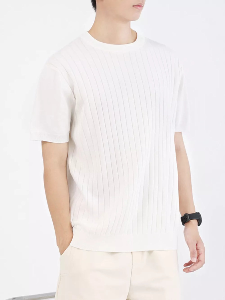 Men's white ribbed knit t-shirt with short sleeves and crew neck.