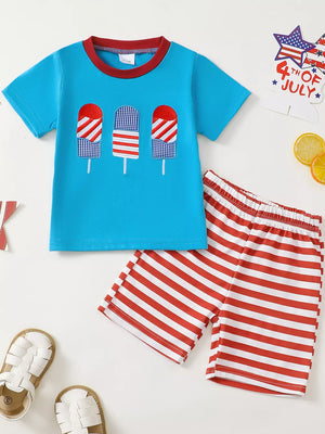 Baby boys outfit with popsicle graphic tee and red striped shorts