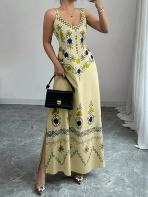 maxi dress in sage green with side slit and maxi