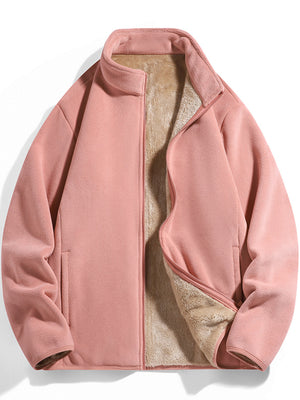 Pink fleece jacket with sherpa lining and stand-up collar