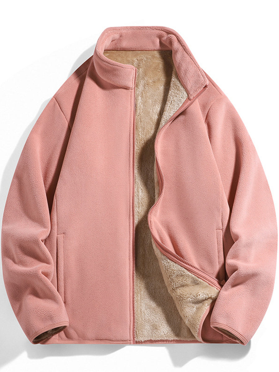 Pink fleece jacket with sherpa lining and stand-up collar