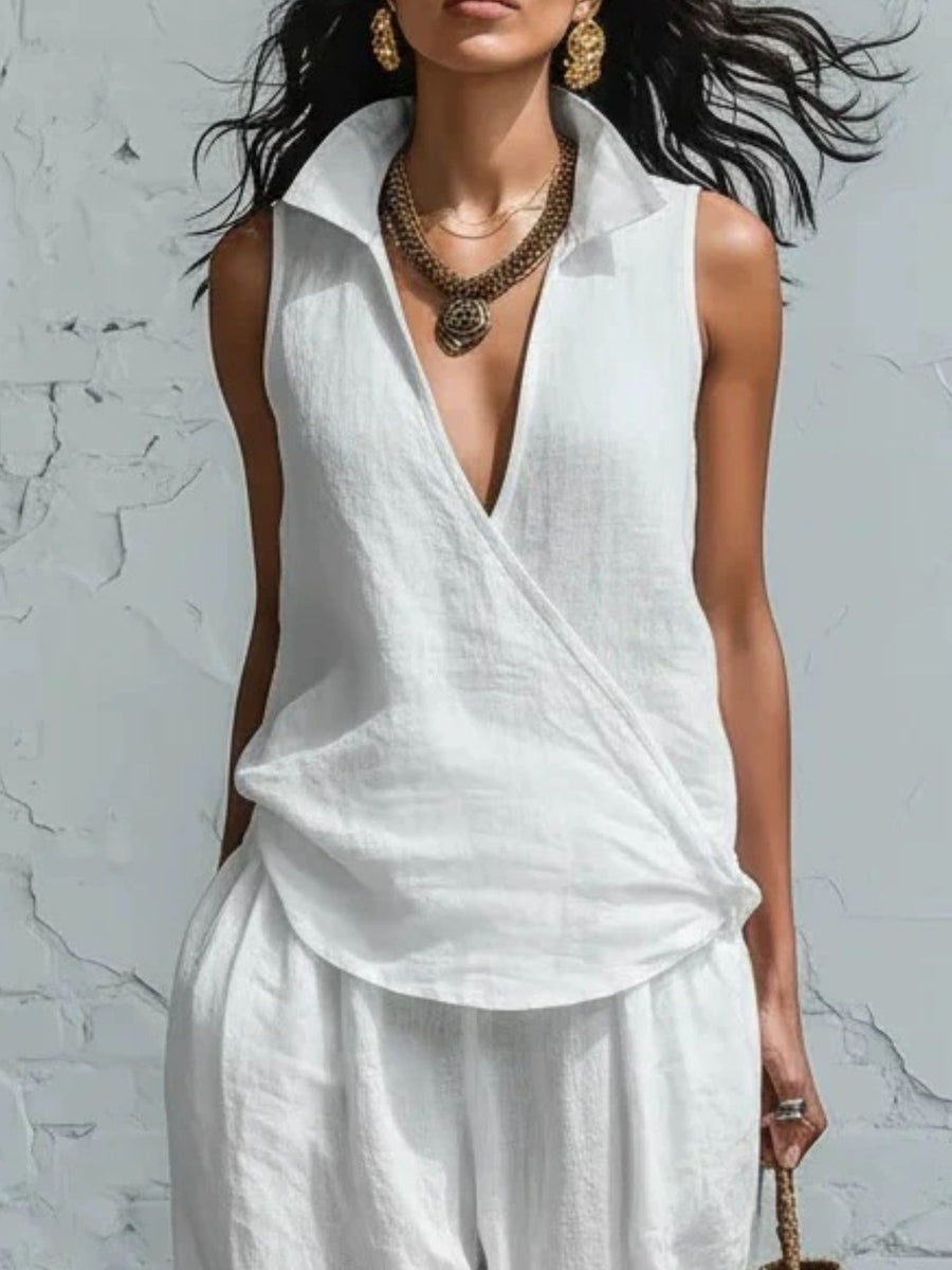 White relaxed two-piece set with collared, deep v-neck