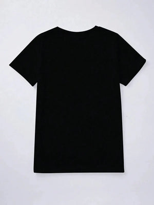 Black t-shirt with short sleeves and a crew neck.