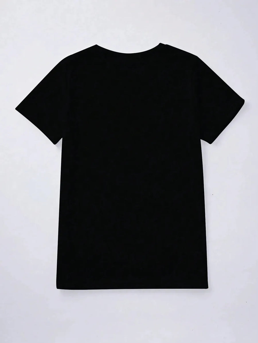 Black t-shirt with short sleeves and a crew neck.