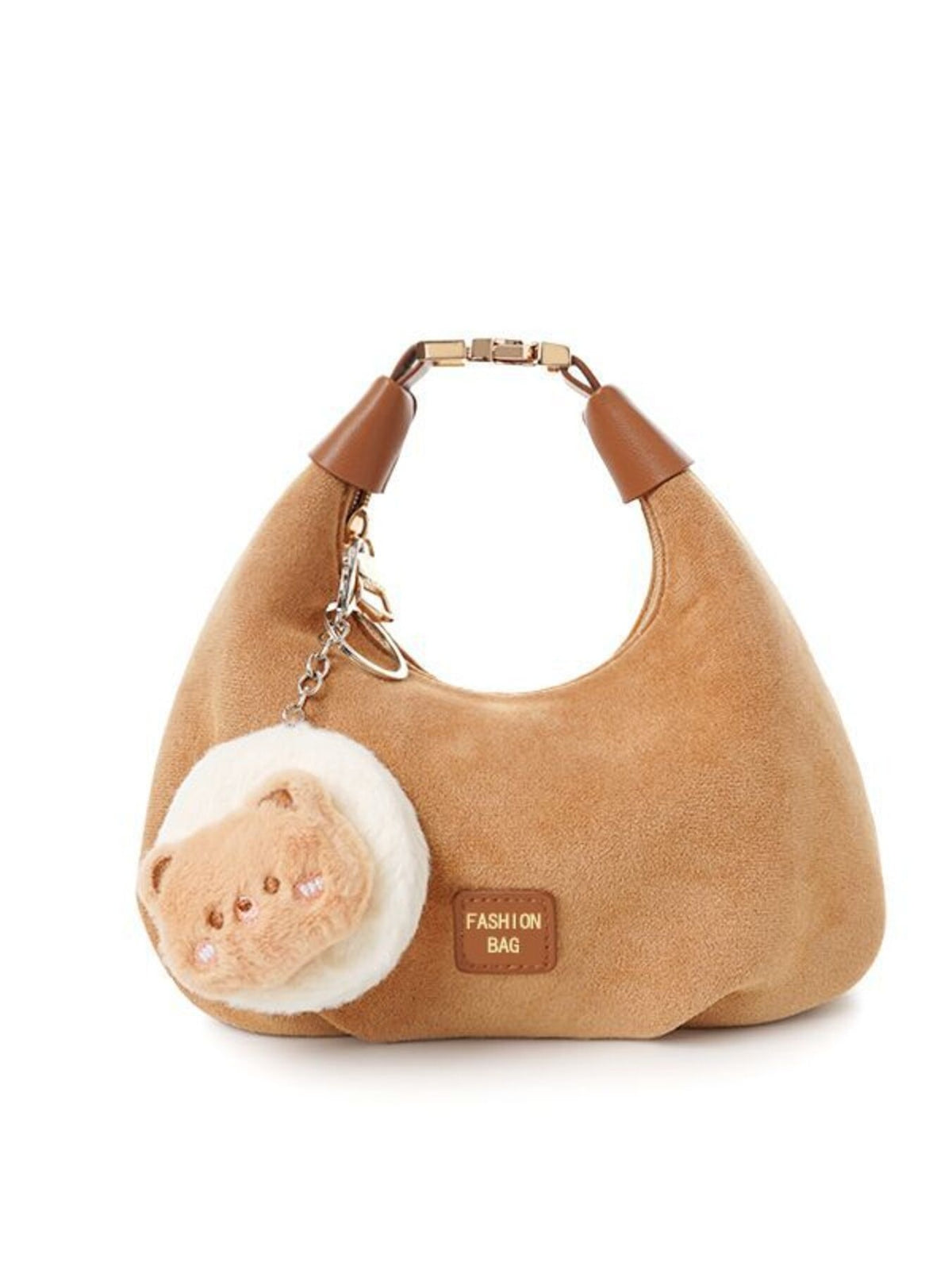 Caramel crescent shoulder bag with bear charm and "Fashion Bag" tag