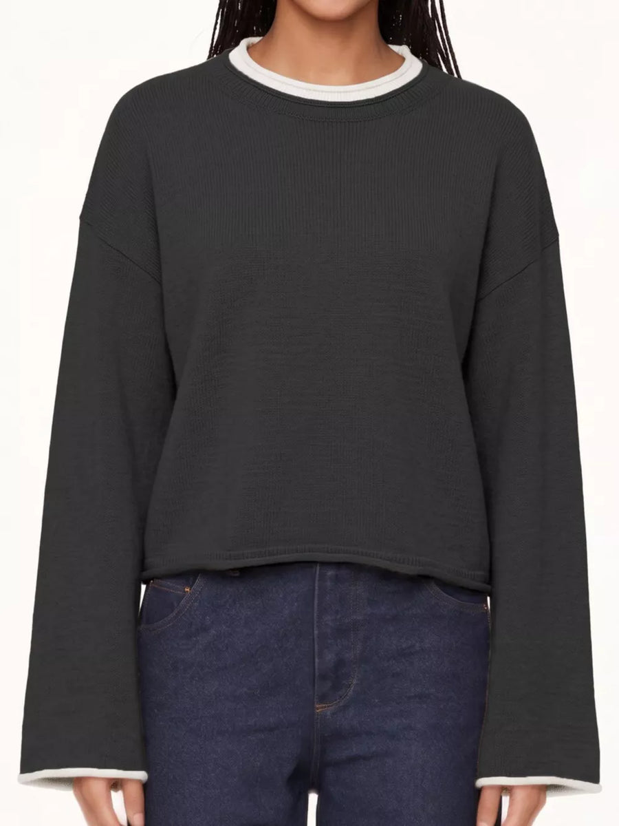 Brown crewneck sweater with cropped and pullover