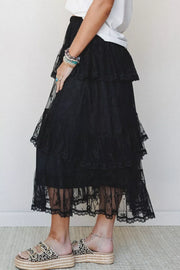 Black with Elegant Ruffle Lace Tiered Skirt in Black