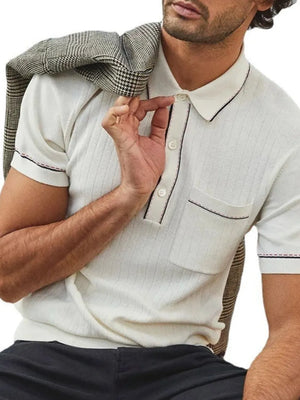 Ivory ribbed knit polo shirt with contrast piping and chest pocket.