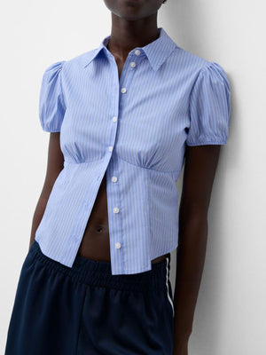 Light blue pinstripe puff sleeve button-up shirt with a fitted waist