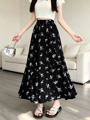 black A-line skirt with elastic and ditsy floral
