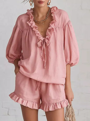 Dusty Pink two-piece set with mini and tie, drawstring, elastic