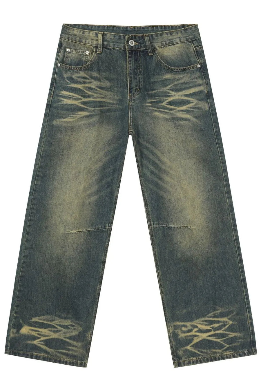 Distressed denim wide-leg trousers in medium wash with artisanal fading and whiskering details.