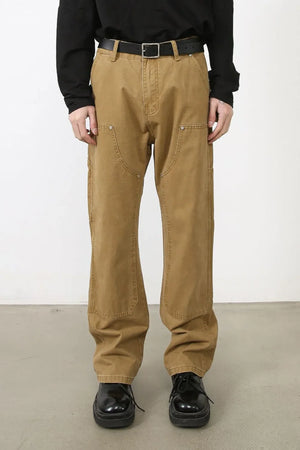Carpenter-inspired wide leg trousers in camel with double knee detailing and utility pockets.