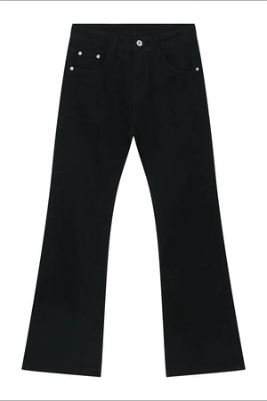 Flared leg black denim jeans with a high waist and classic five-pocket styling.