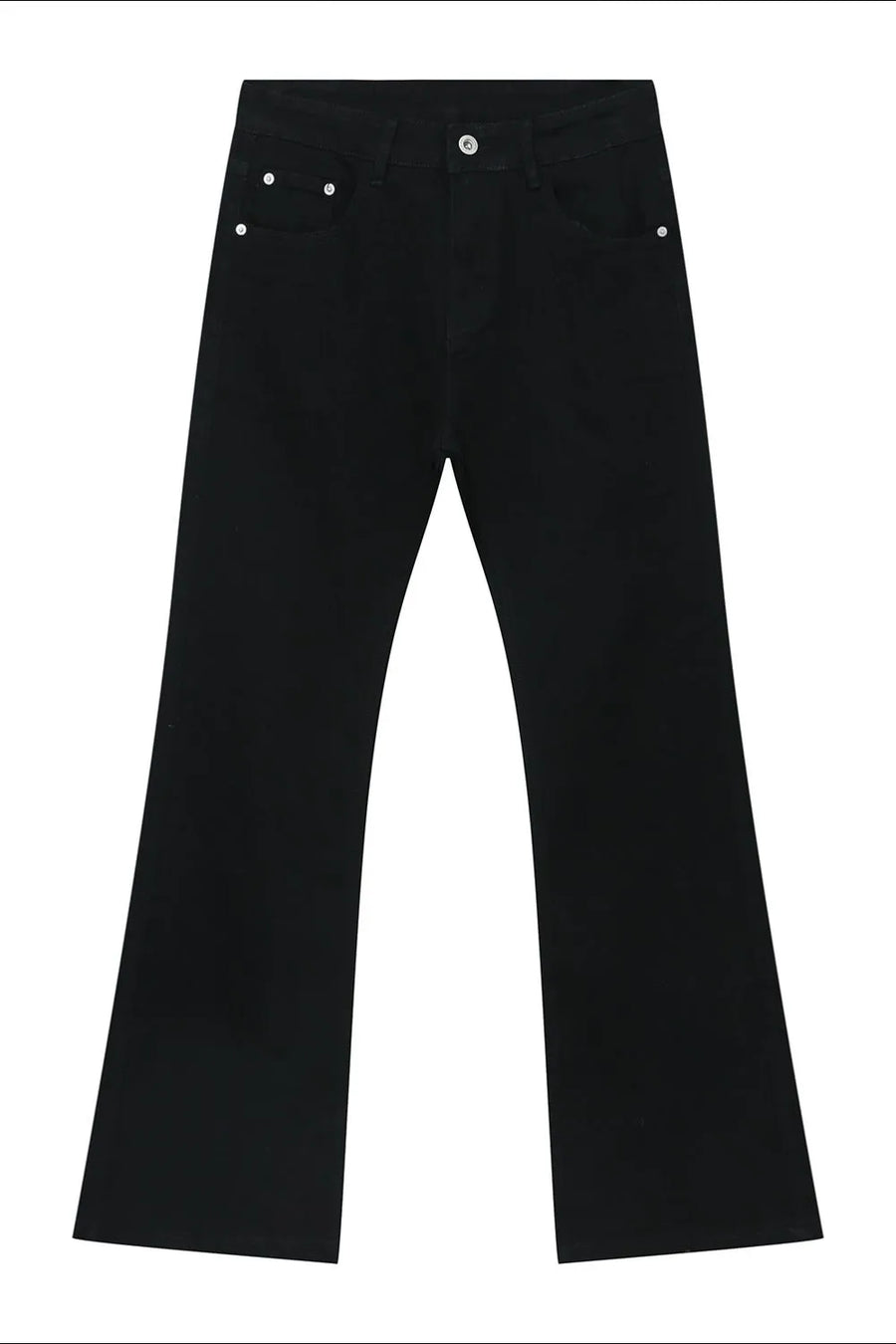 Flared leg black denim jeans with a high waist and classic five-pocket styling.
