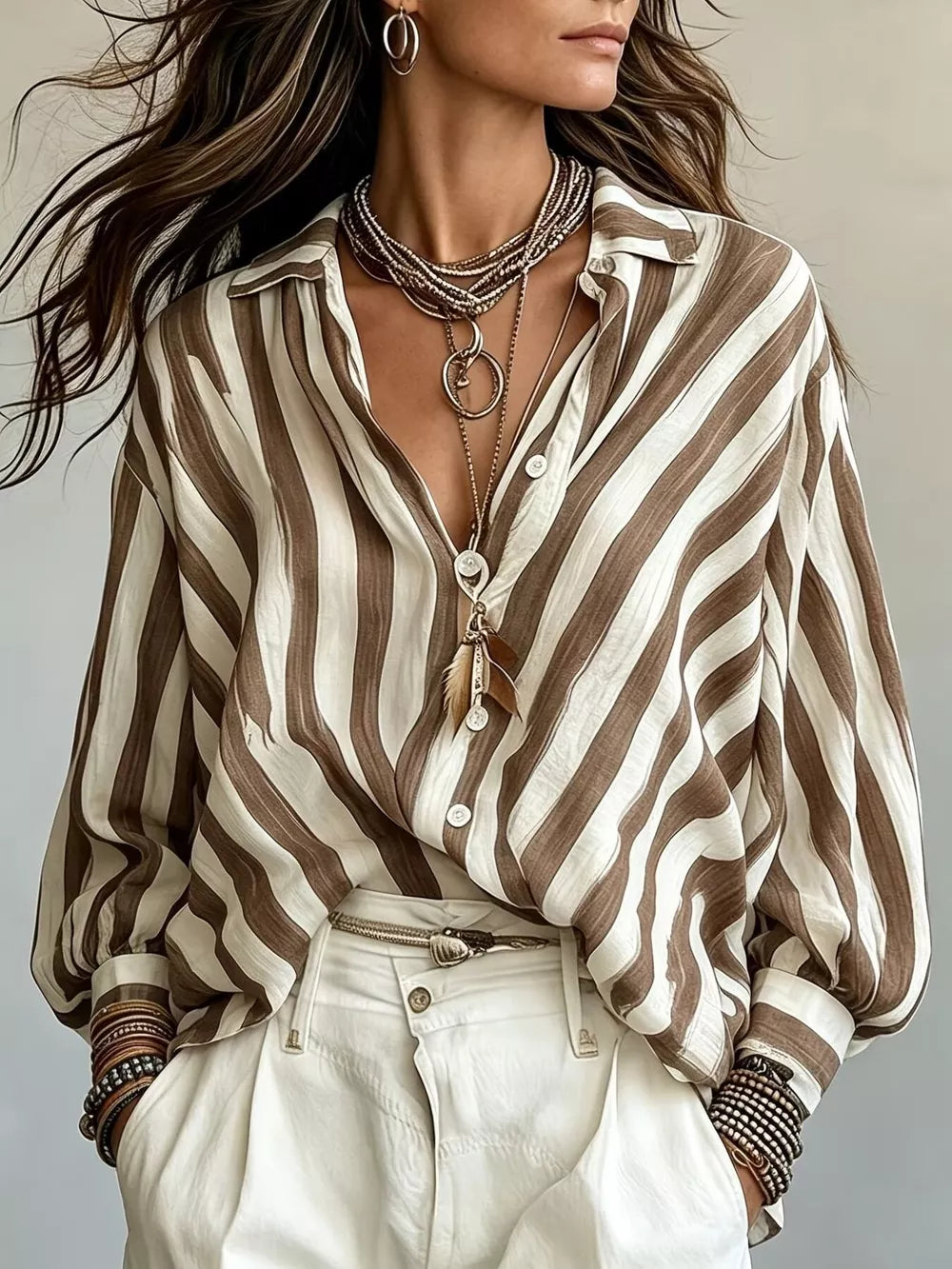 brown button-up shirt with striped and collared