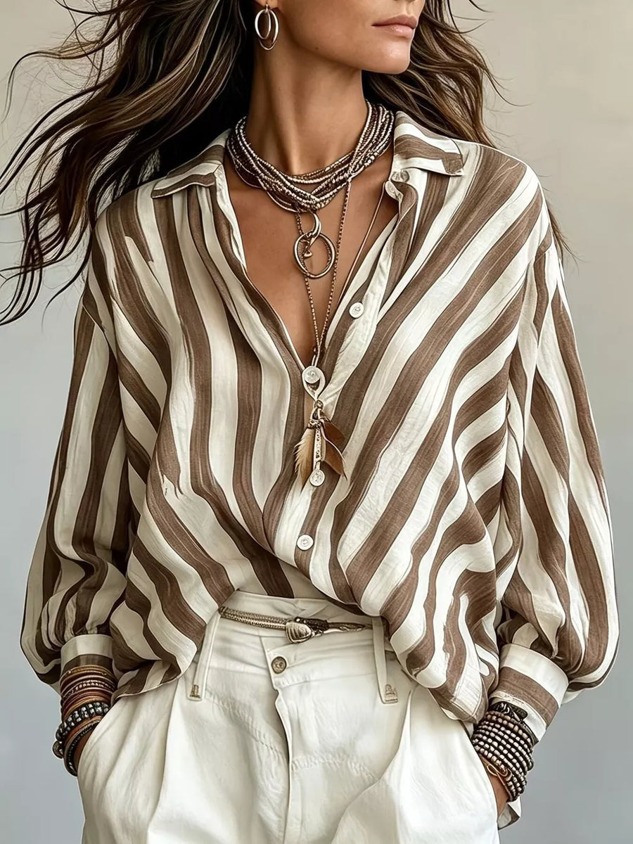 brown button-up shirt with striped and collared