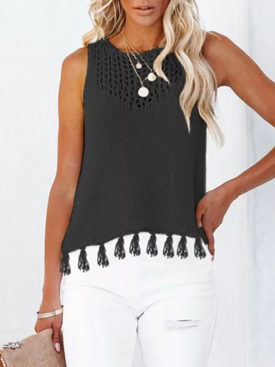 Black knit sleeveless top with crochet neckline and tassel hem