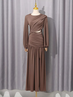 Ruched Long-sleeve Maxi Dress With Cutout in Brown