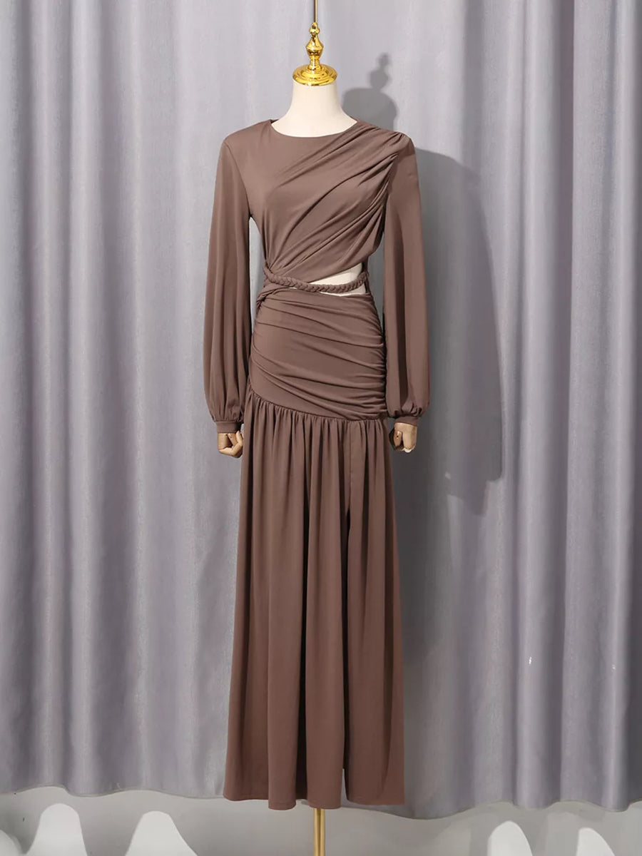 Ruched Long-sleeve Maxi Dress With Cutout in Brown