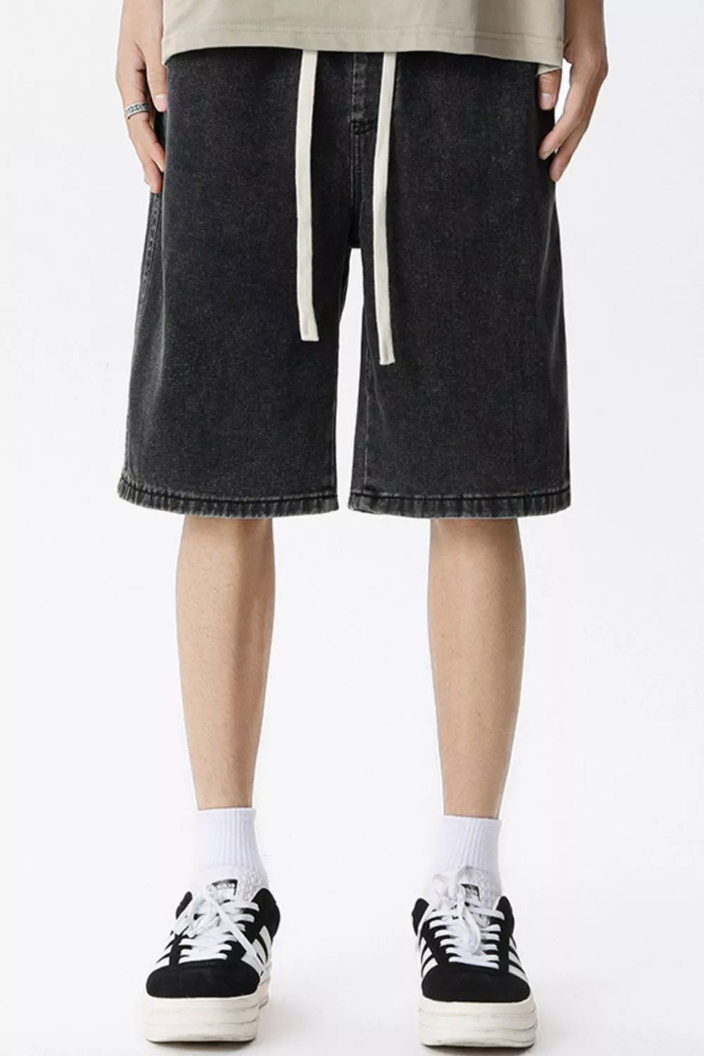 Black gray denim shorts with drawstring for men, vintage wash, casual fit