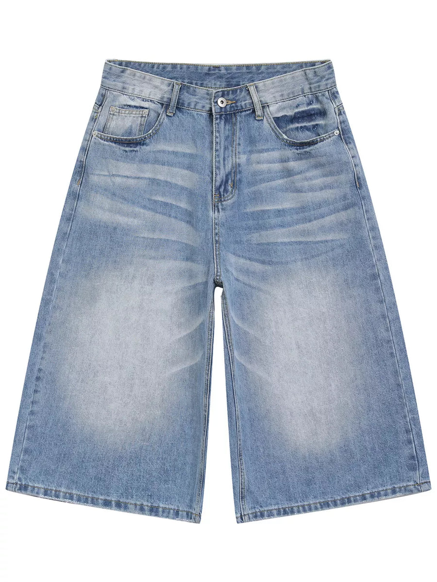 Light blue relaxed fit cropped jeans for men in cotton denim with a wide leg and distressed details.