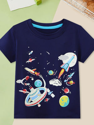 Navy crew neck t-shirt with a space adventure graphic featuring rockets, planets, and a space station.