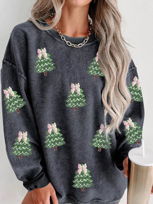 Dark gray corduroy sweatshirt with all-over sequin Christmas trees and pink bows.